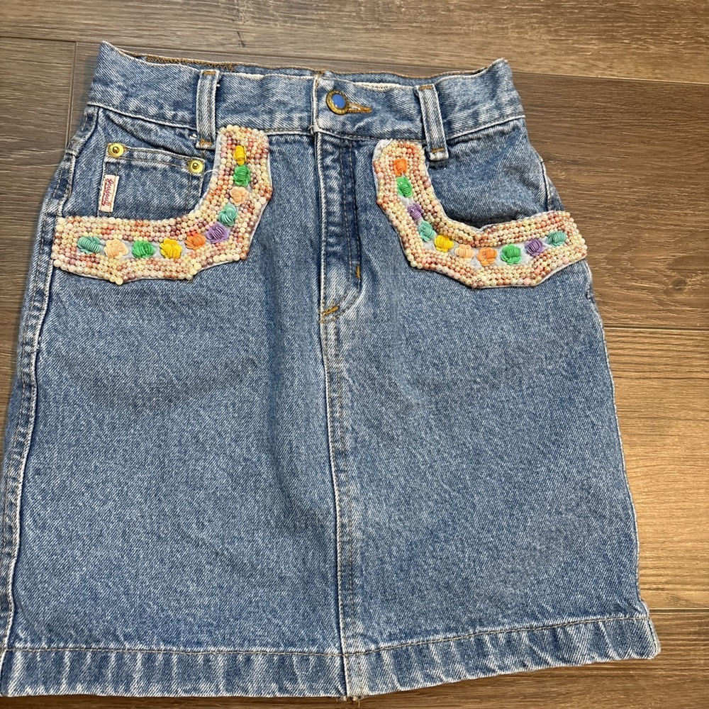 Vintage 90's Girls JouJou Size 10 Denim Jean Skirt with Pearls And Sequence
